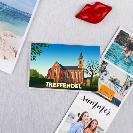 Magnet souvenir de la ville de Treffendel avec une illustration stylisée de son église.