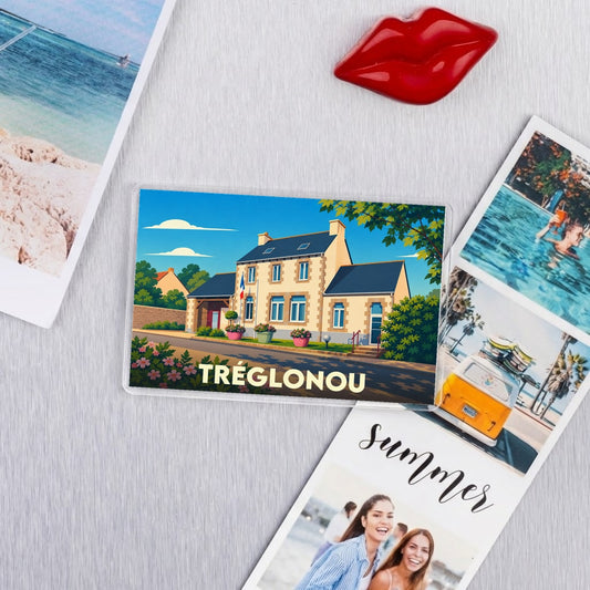 Magnet souvenir de la ville de Tréglonou avec une illustration stylisée.