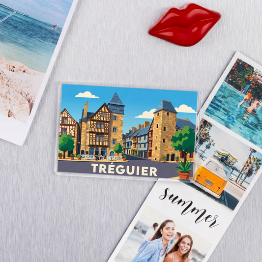 Magnet souvenir de la ville de Tréguier avec une illustration stylisée.