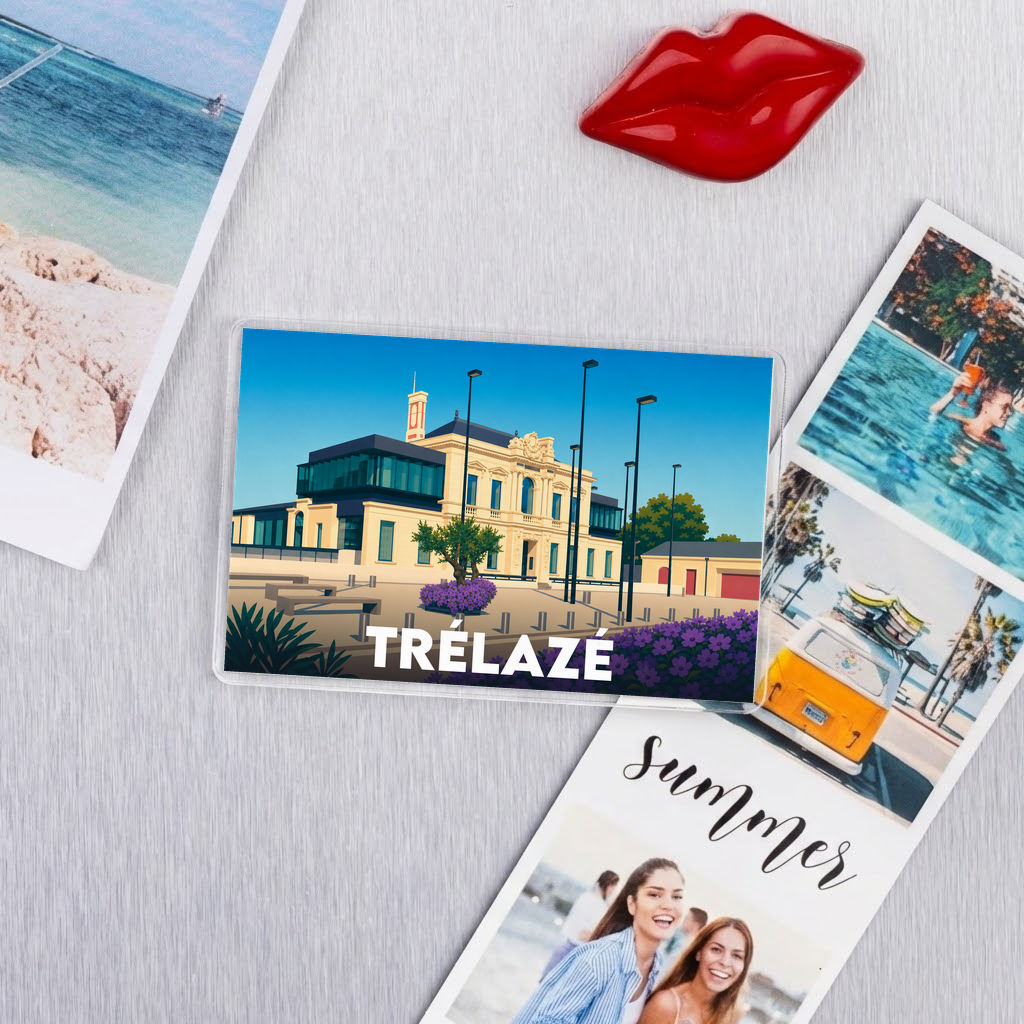 Magnet souvenir de la ville de Trélazé avec une illustration stylisée.