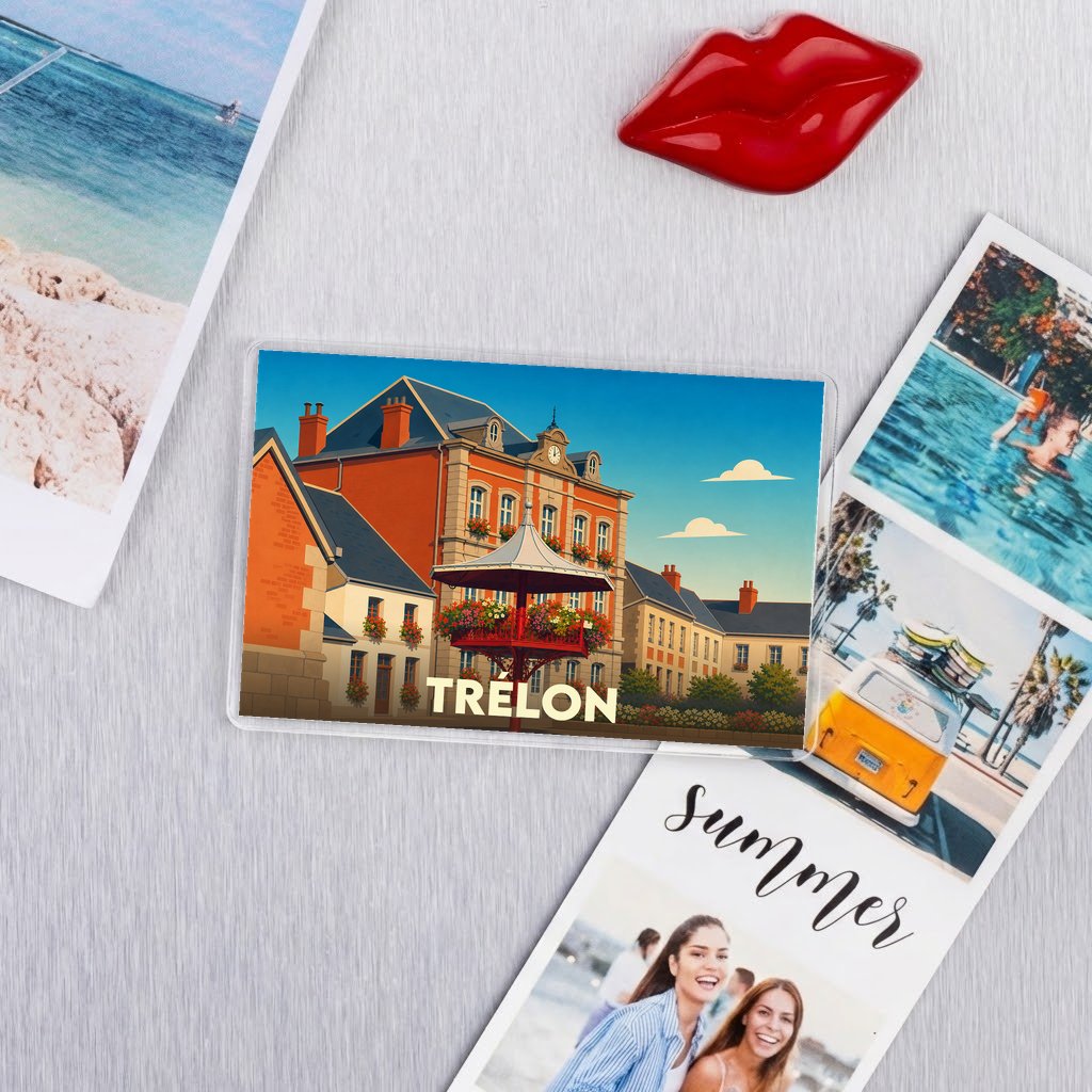 Magnet souvenir de la ville de Trélon avec une illustration colorée et stylisée.