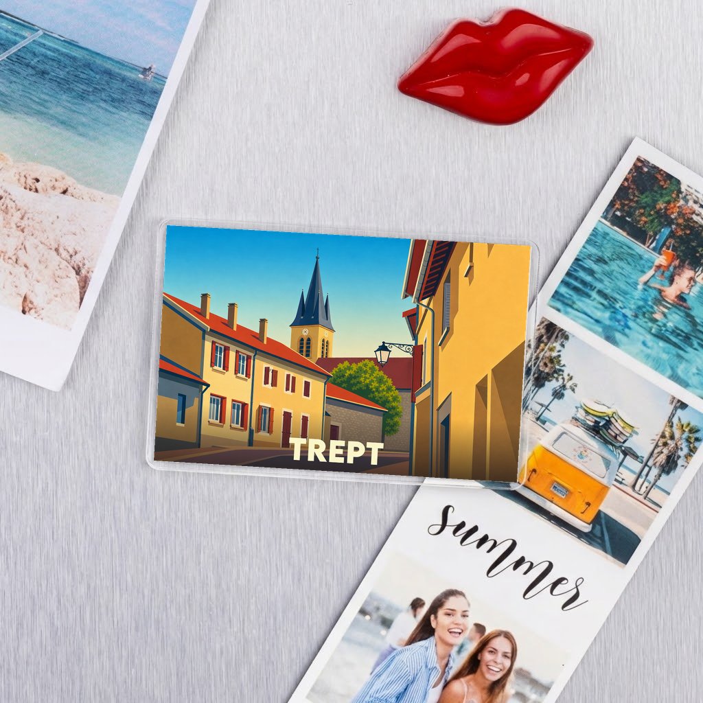 Magnet souvenir de la ville de Trept avec une illustration stylisée.