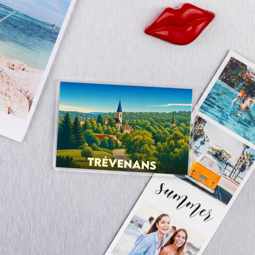 Magnet souvenir de la ville de Trévenans avec une illustration stylisée.
