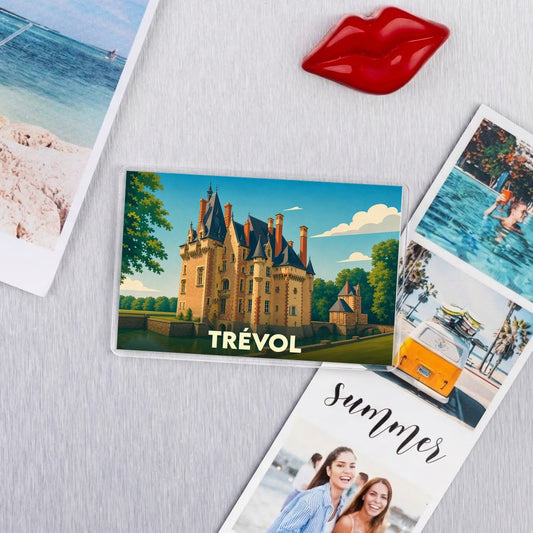 Magnet souvenir de la ville de Trévol avec une illustration stylisée d'un château.