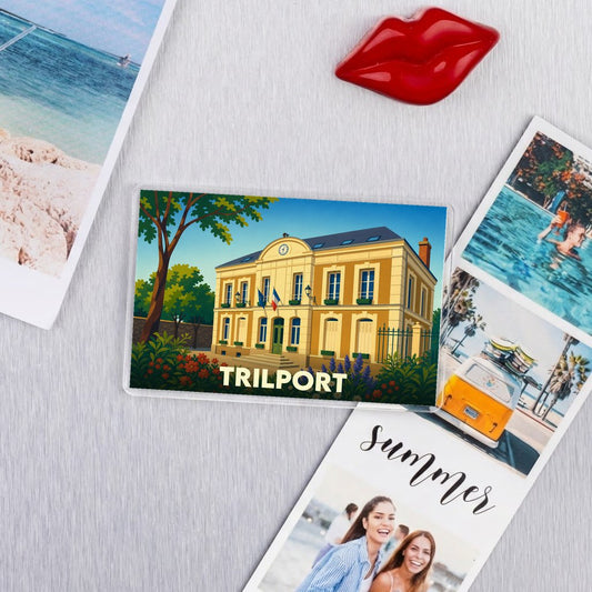 Magnet souvenir de la ville de Trilport avec une illustration stylisée de sa mairie.