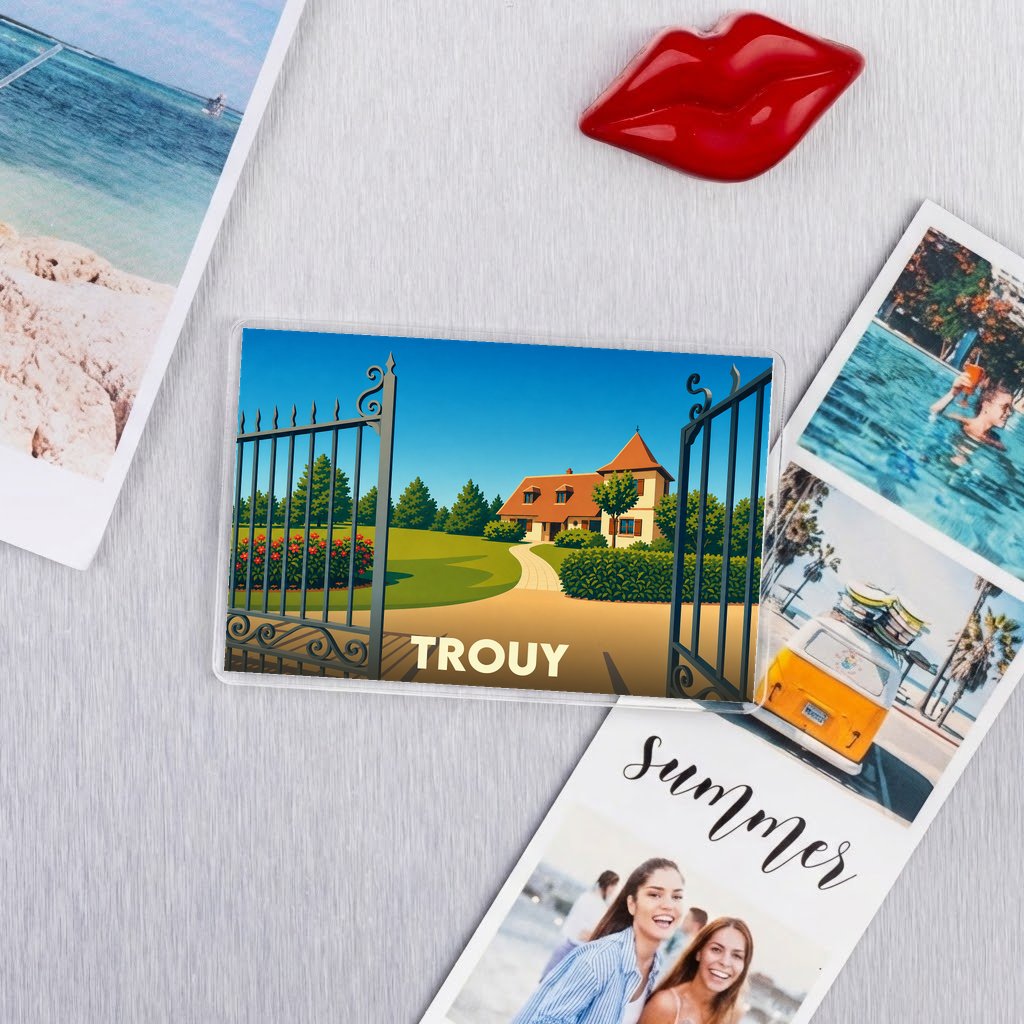Magnet souvenir de la ville de Trouy avec une illustration stylisée d'un paysage campagnard.