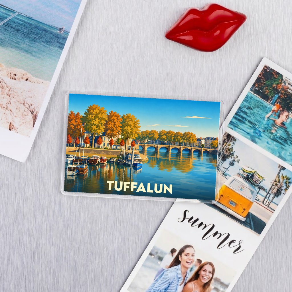 Magnet souvenir de la ville de Tuffalun avec une illustration stylisée d'un bord de rivière.