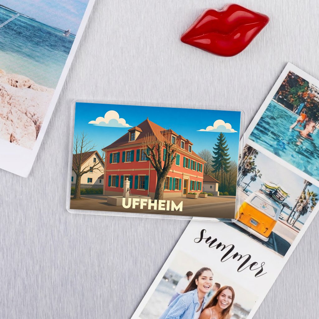 Magnet souvenir de la ville de Uffheim avec une illustration stylisée d'un bâtiment typique.