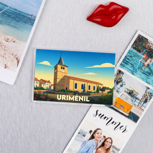 Magnet souvenir de la ville de Uriménil avec une illustration stylisée de son église.