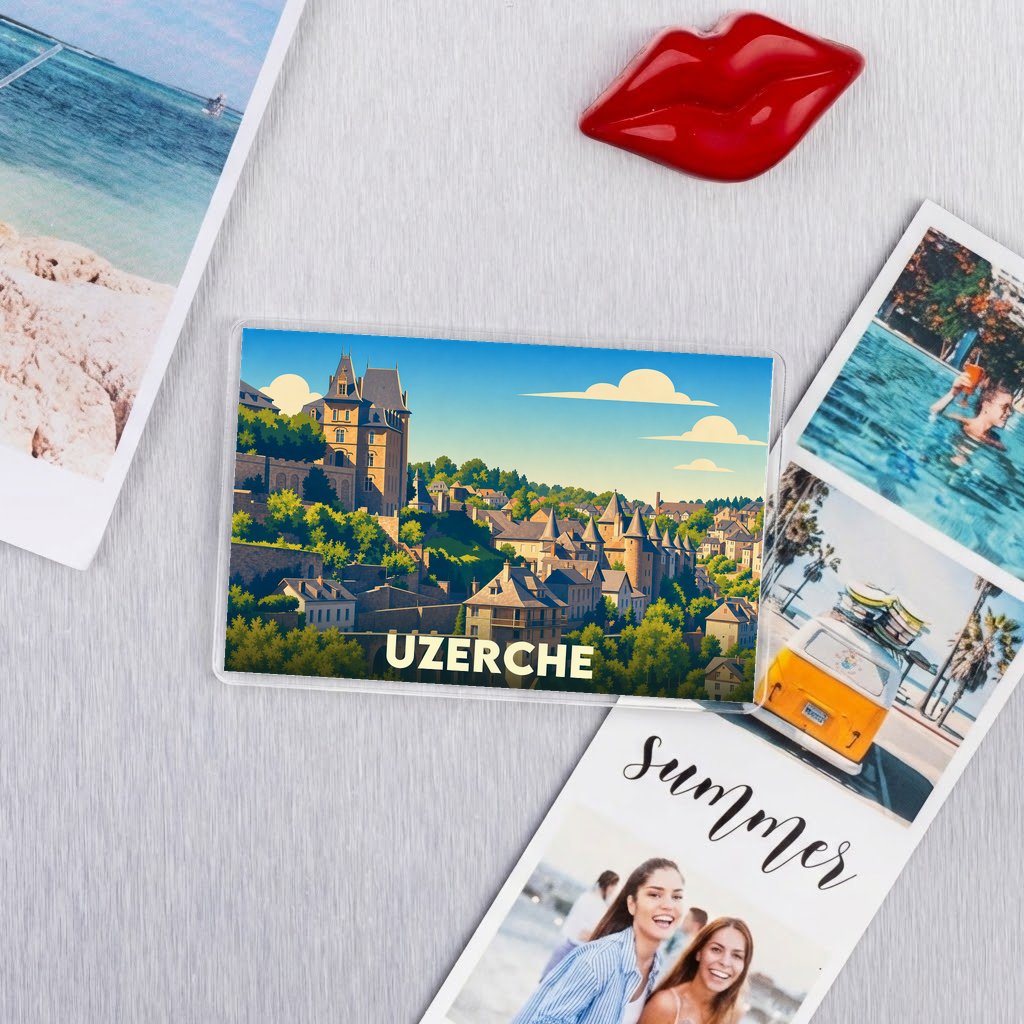 Magnet souvenir de la ville d'Uzerche avec une illustration stylisée de son patrimoine médiéval.