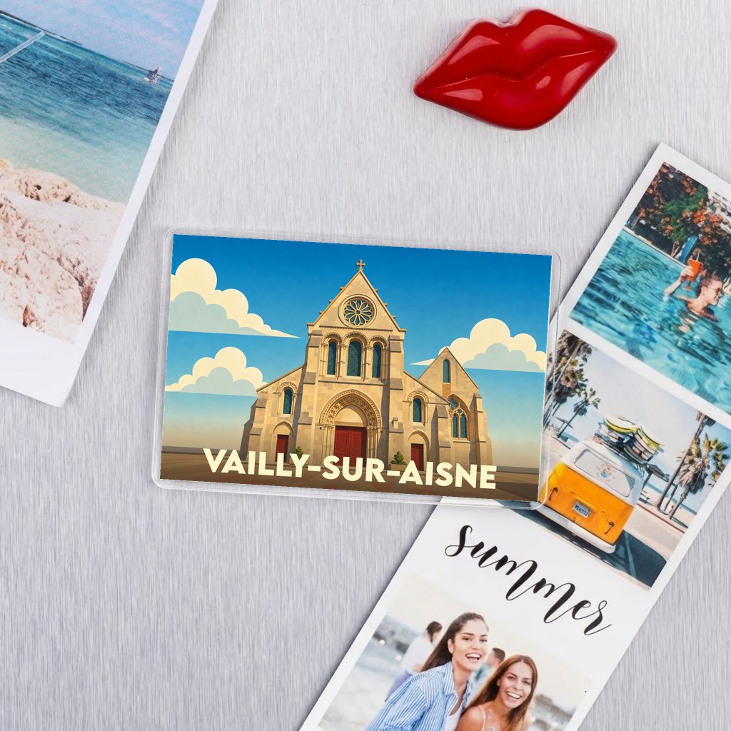 Magnet souvenir de la ville de Vailly-sur-Aisne avec une illustration stylisée de son église.