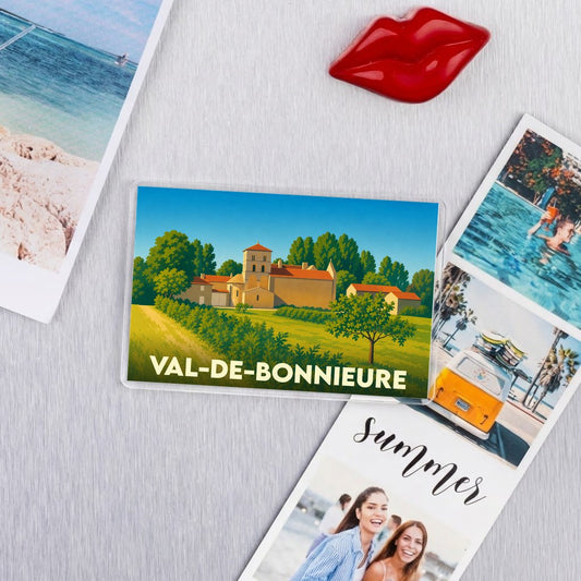 Magnet souvenir de la ville de Val-de-Bonnieure avec une illustration stylisée.
