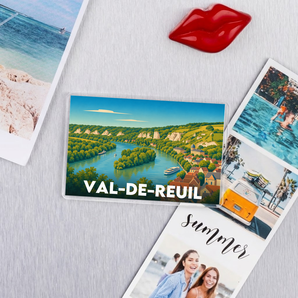 Magnet souvenir de la ville de Val-de-Reuil avec une illustration stylisée de son paysage fluvial.