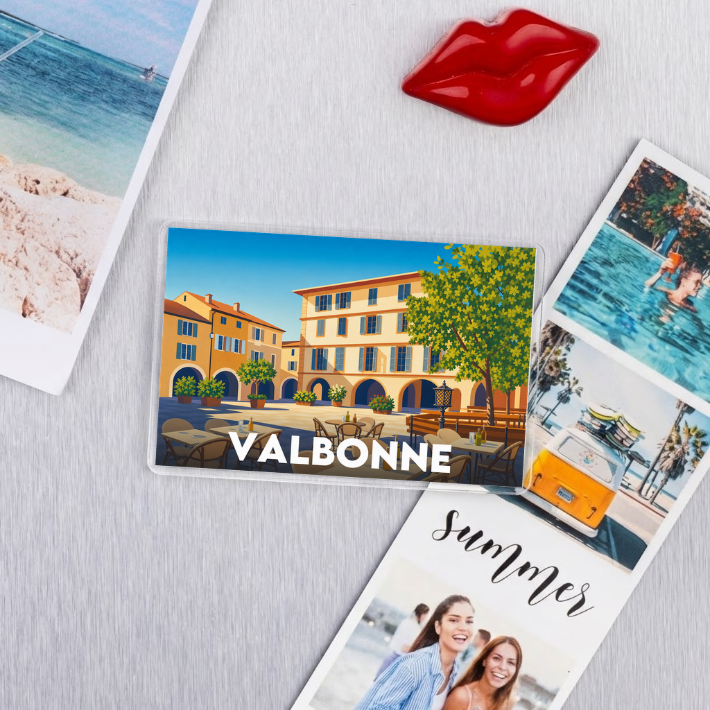Magnet souvenir de la ville de Valbonne avec une illustration stylisée.