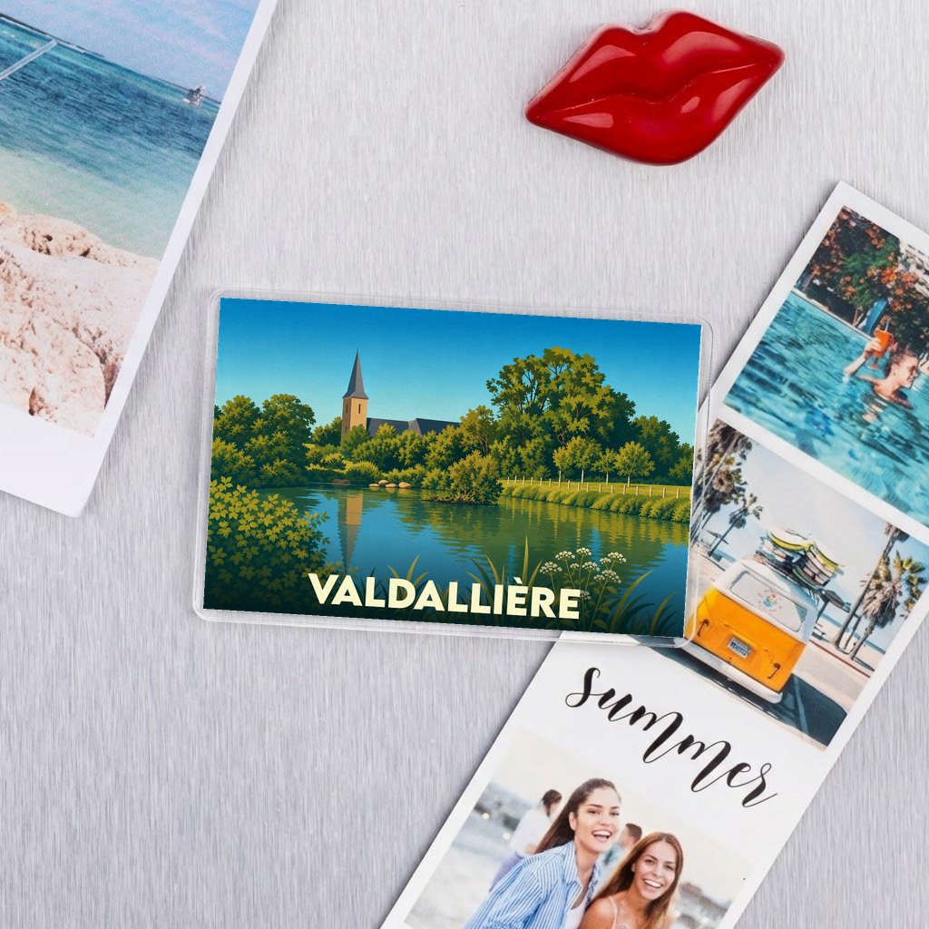 Magnet souvenir de la commune de Valdallière avec une illustration stylisée d'un étang et d'une église.