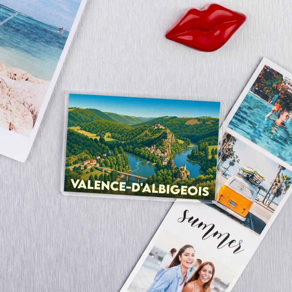 Magnet souvenir de Valence-d'Albigeois avec une illustration stylisée d'un paysage de rivière et de collines.