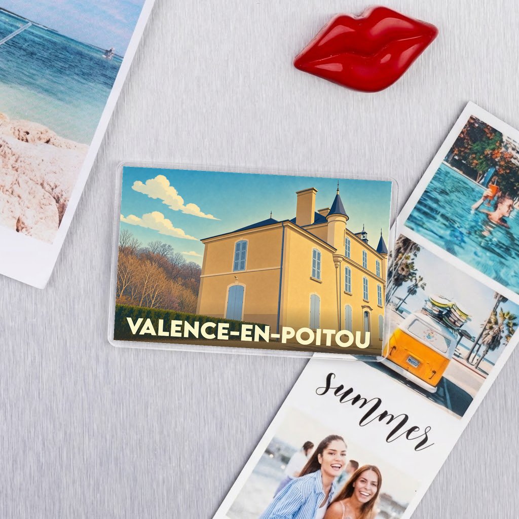 Magnet souvenir de la ville de Valence-en-Poitou avec une illustration stylisée d'un château.