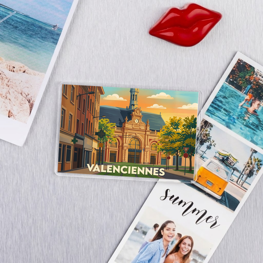 Magnet souvenir de la ville de Valenciennes avec une illustration stylisée de son architecture.