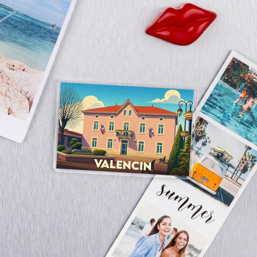 Magnet souvenir de la ville de Valencin avec une illustration stylisée de la mairie.