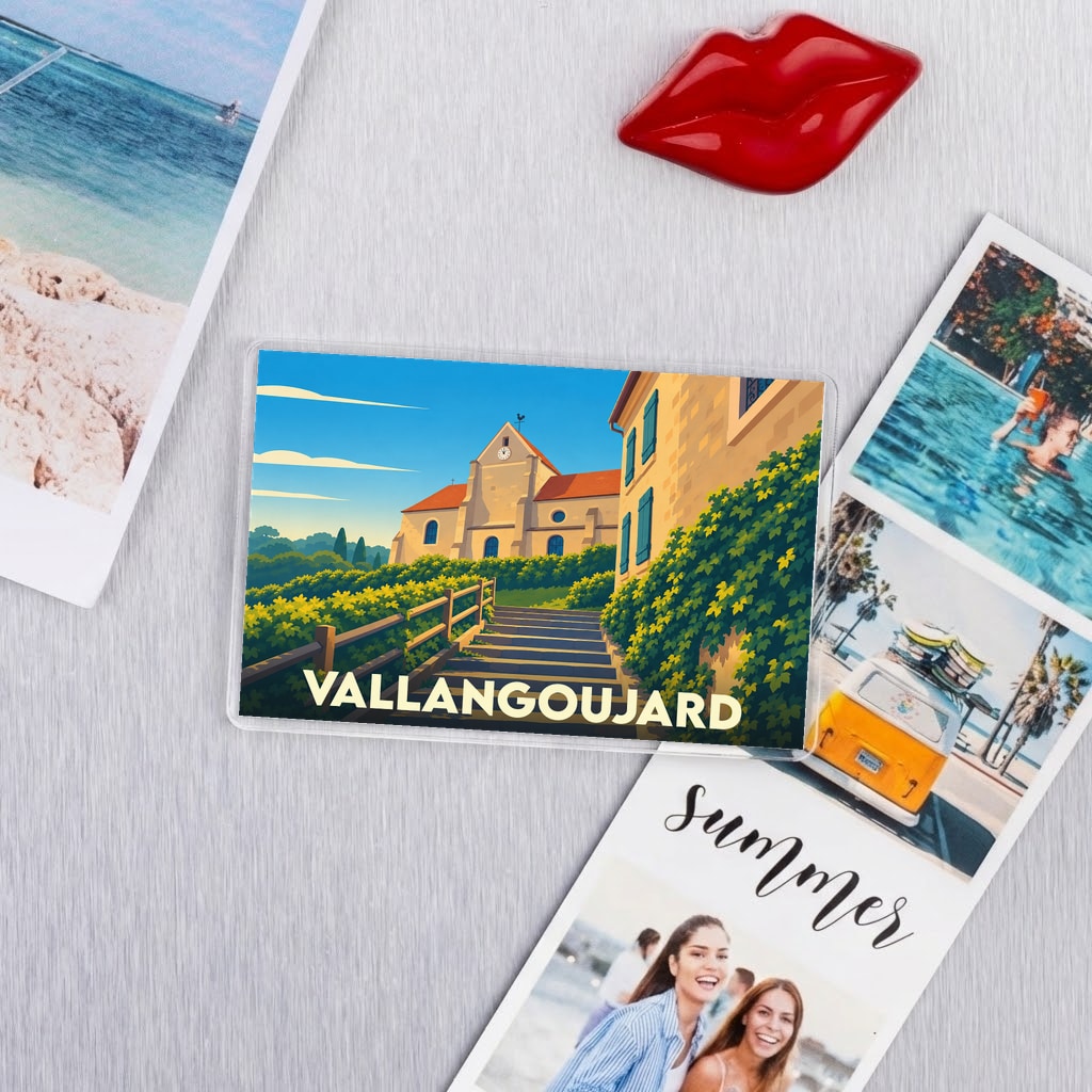 Magnet souvenir de la ville de Vallangoujard avec une illustration stylisée.