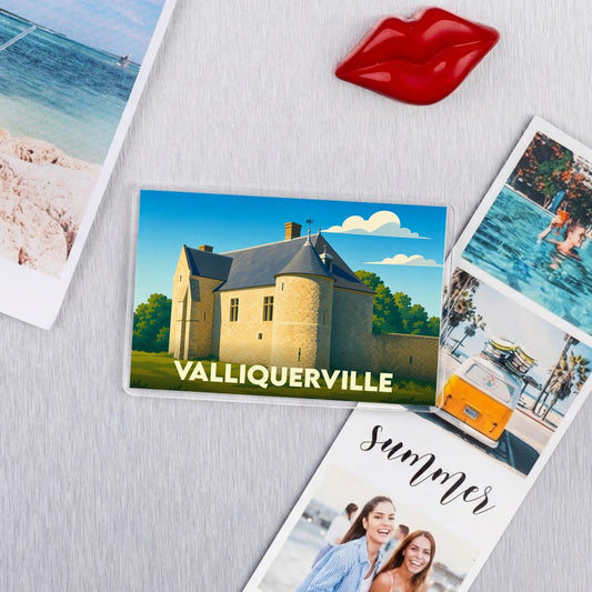 Magnet souvenir de la ville de Valliquerville avec une illustration stylisée d'un château.