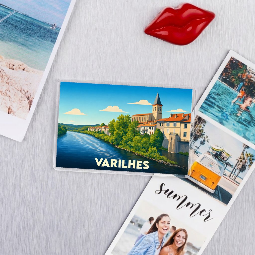 Magnet souvenir de la ville de Varilhes avec une illustration stylisée des bords de l'Ariège.