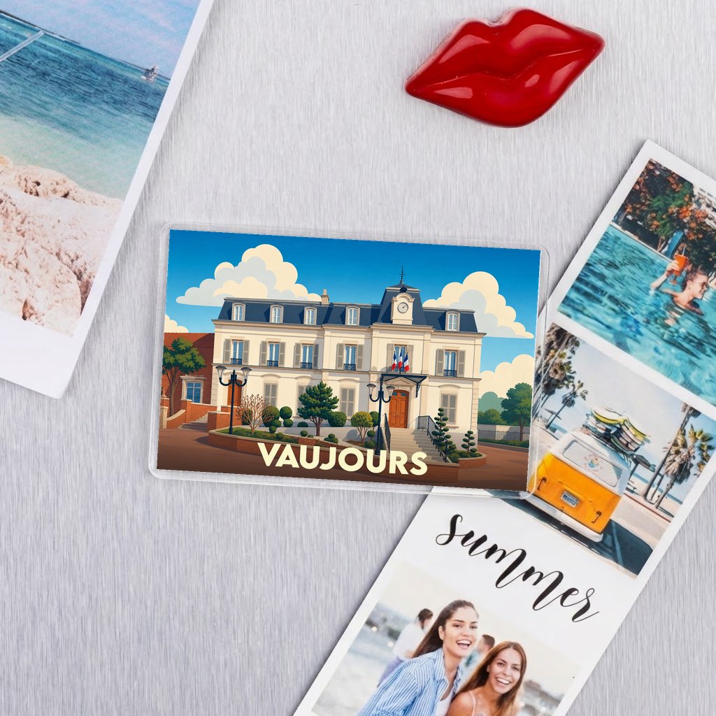 Magnet souvenir de la ville de Vaujours avec une illustration stylisée de son hôtel de ville.