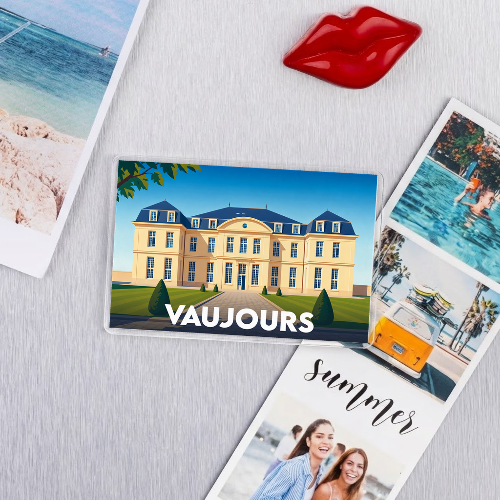 Magnet souvenir de la ville de Vaujours avec une illustration stylisée de son hôtel de ville.