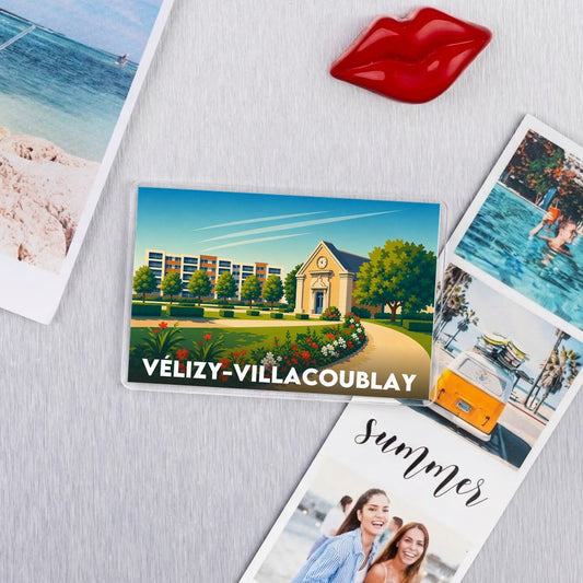 Magnet souvenir de la ville de Vélizy-Villacoublay avec une illustration stylisée.