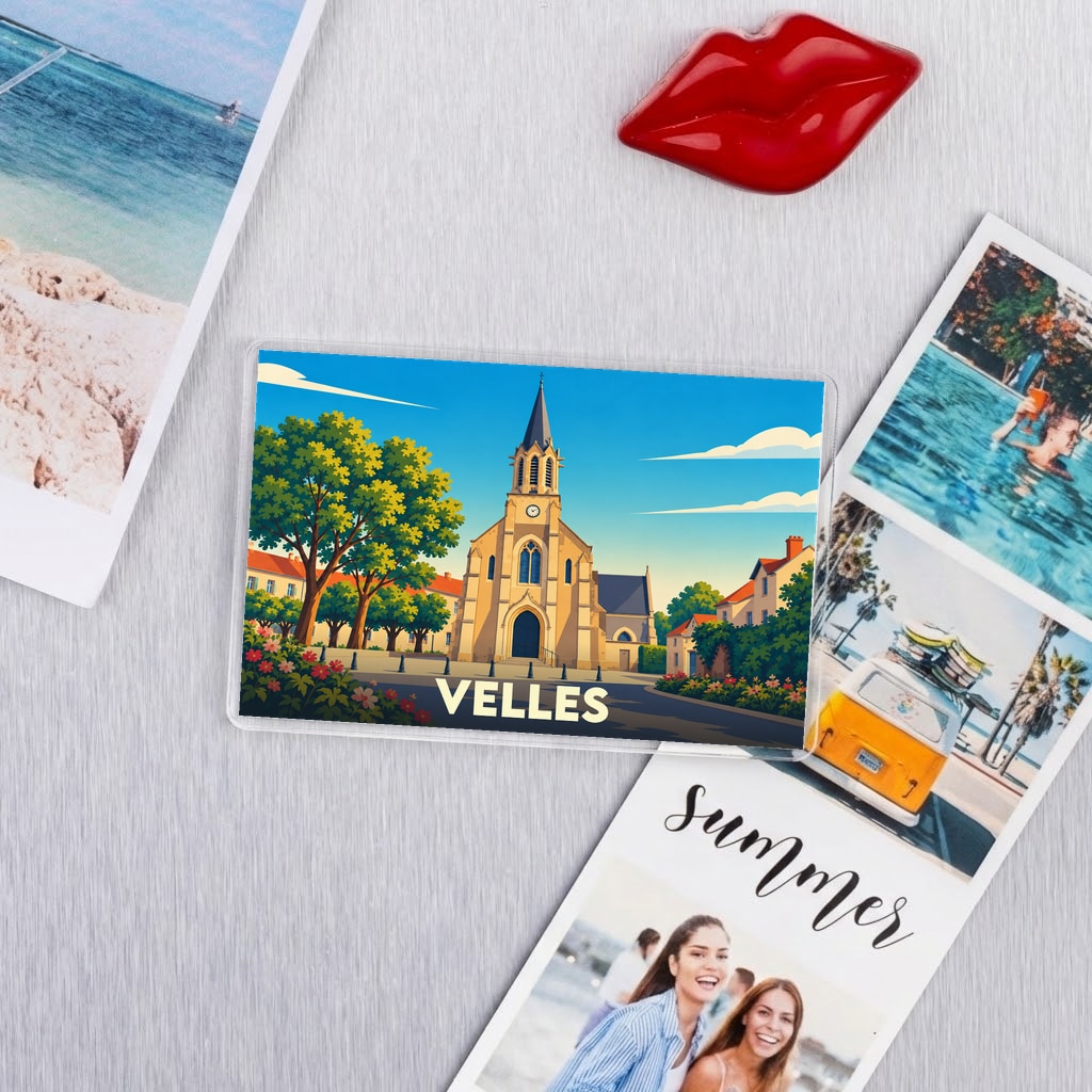 Magnet souvenir de la ville de Velles avec une illustration stylisée de son église.