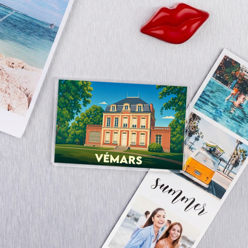 Magnet souvenir de la ville de Vémars avec une illustration stylisée d'une demeure bourgeoise.
