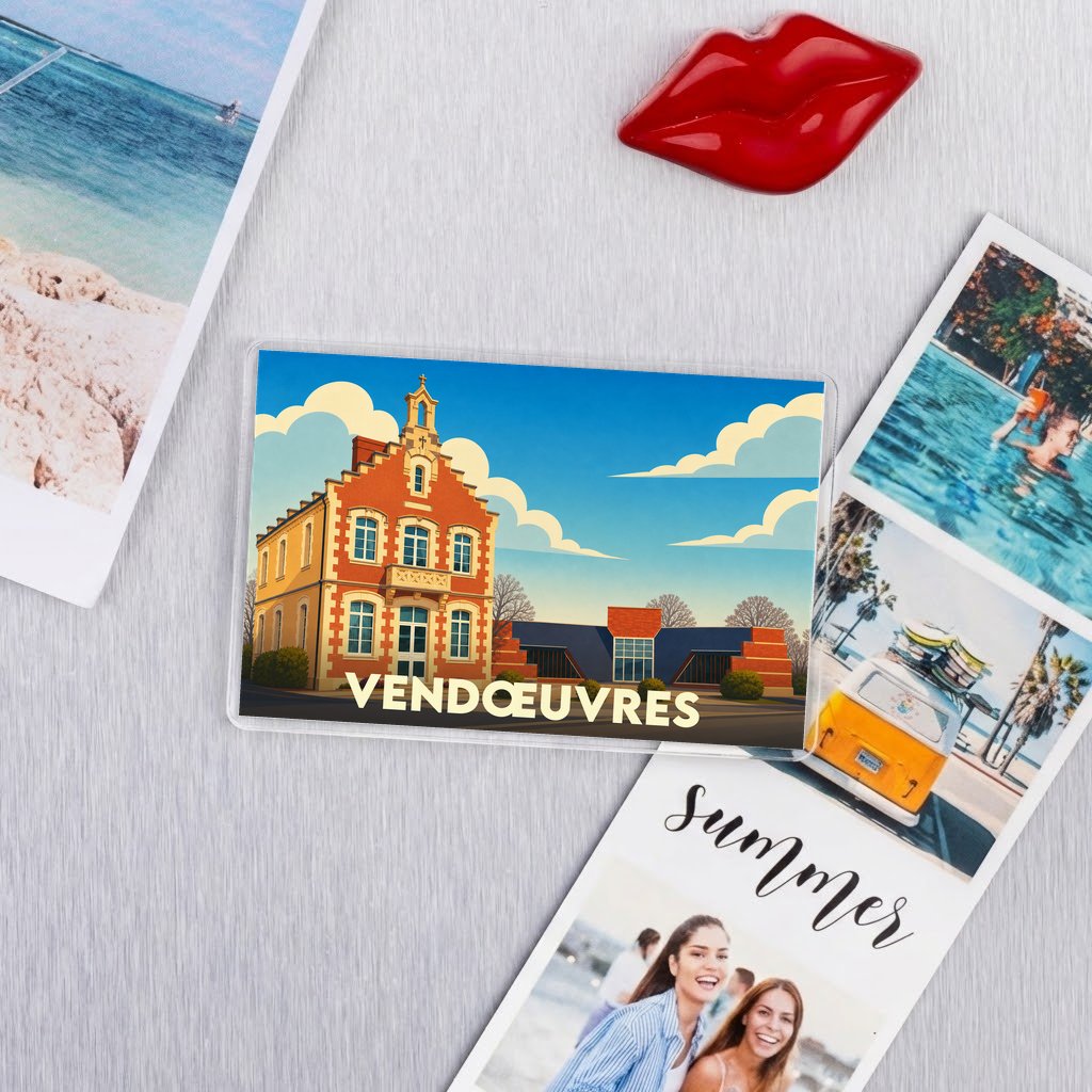 Magnet souvenir de la ville de Vendœuvres avec une illustration stylisée.