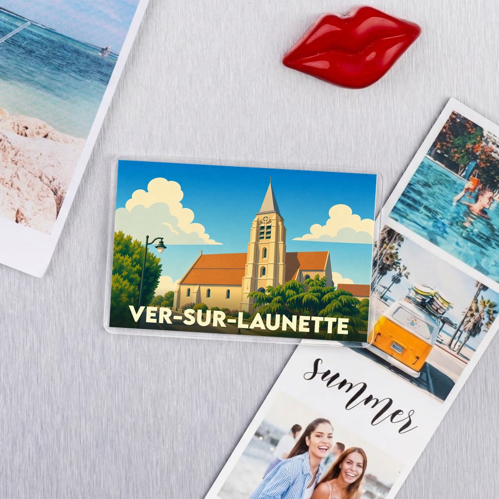 Magnet souvenir de la ville de Ver-sur-Launette avec une illustration stylisée de son église.