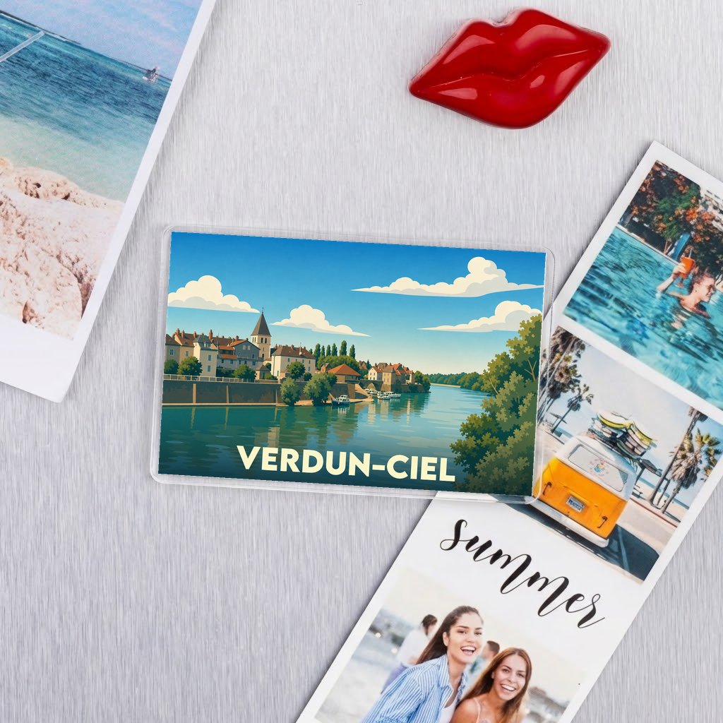 Magnet souvenir de la ville de Verdun-Ciel avec une illustration stylisée des bords de l'eau.