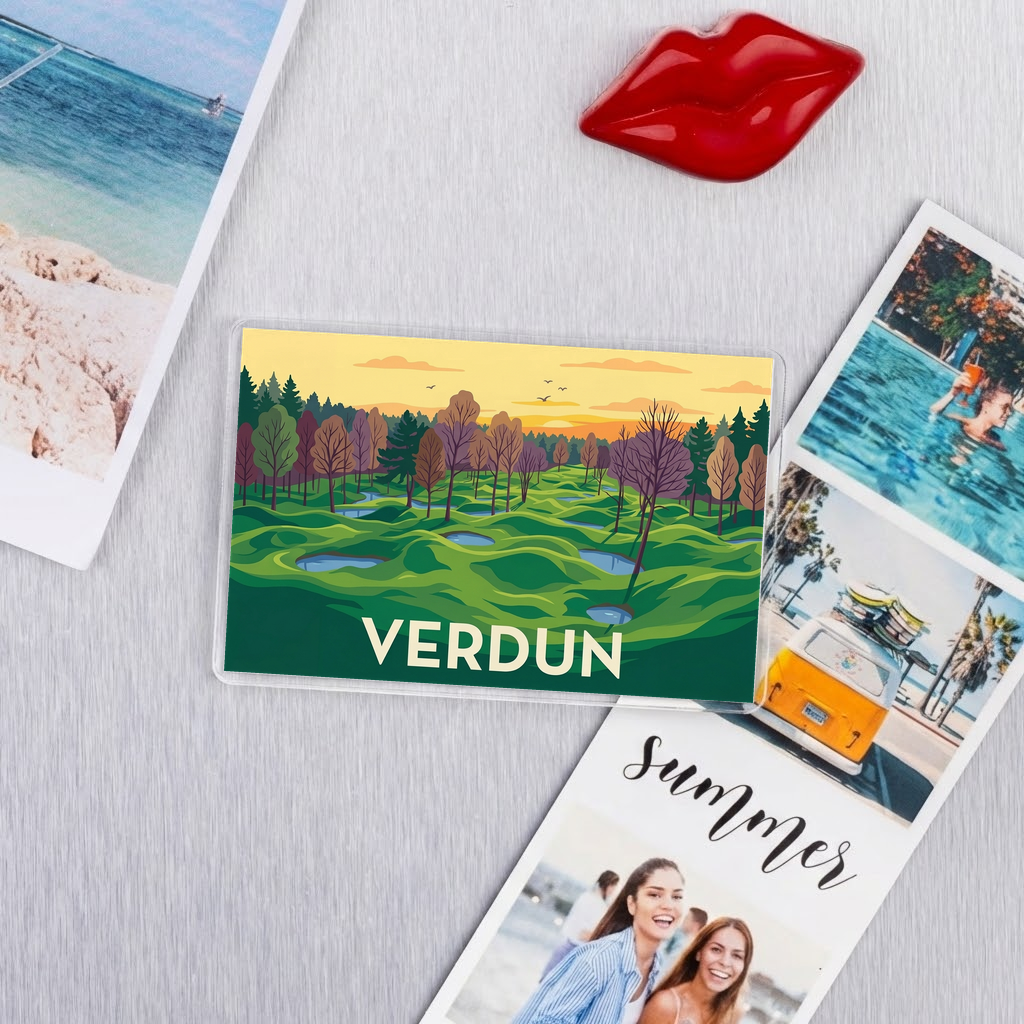 Magnet souvenir de la ville de Verdun avec une illustration stylisée d'un paysage.
