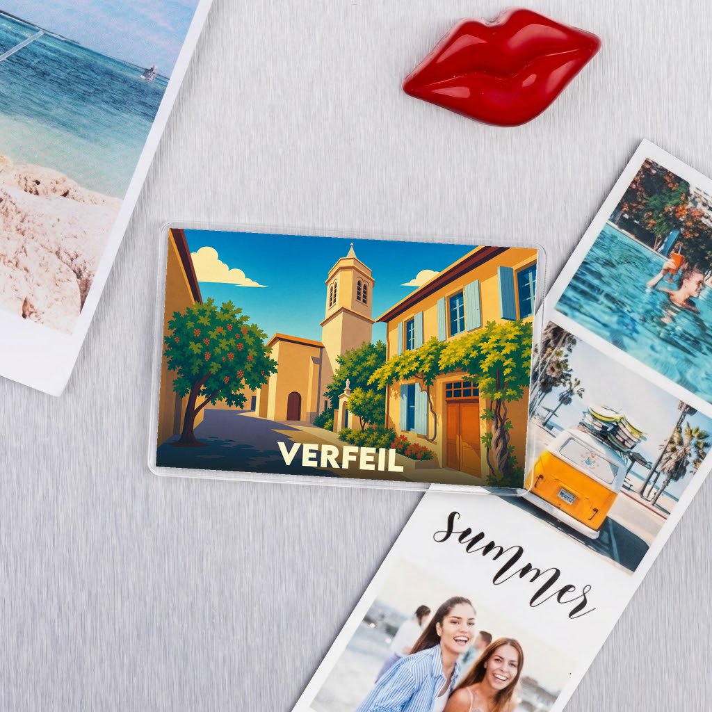 Magnet souvenir de la ville de Verfeil avec une illustration stylisée.