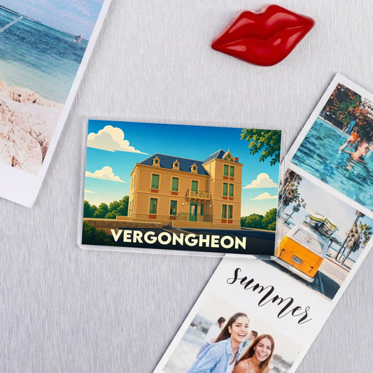 Magnet souvenir de la ville de Vergongheon avec une illustration stylisée d'un bâtiment remarquable.