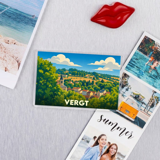 Magnet souvenir de la ville de Vergt avec une illustration de paysage de style affiche.