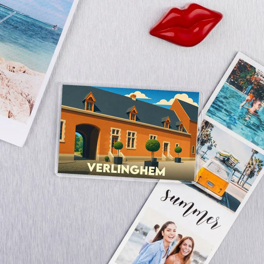 Magnet souvenir de la ville de Verlinghem avec une illustration stylisée.