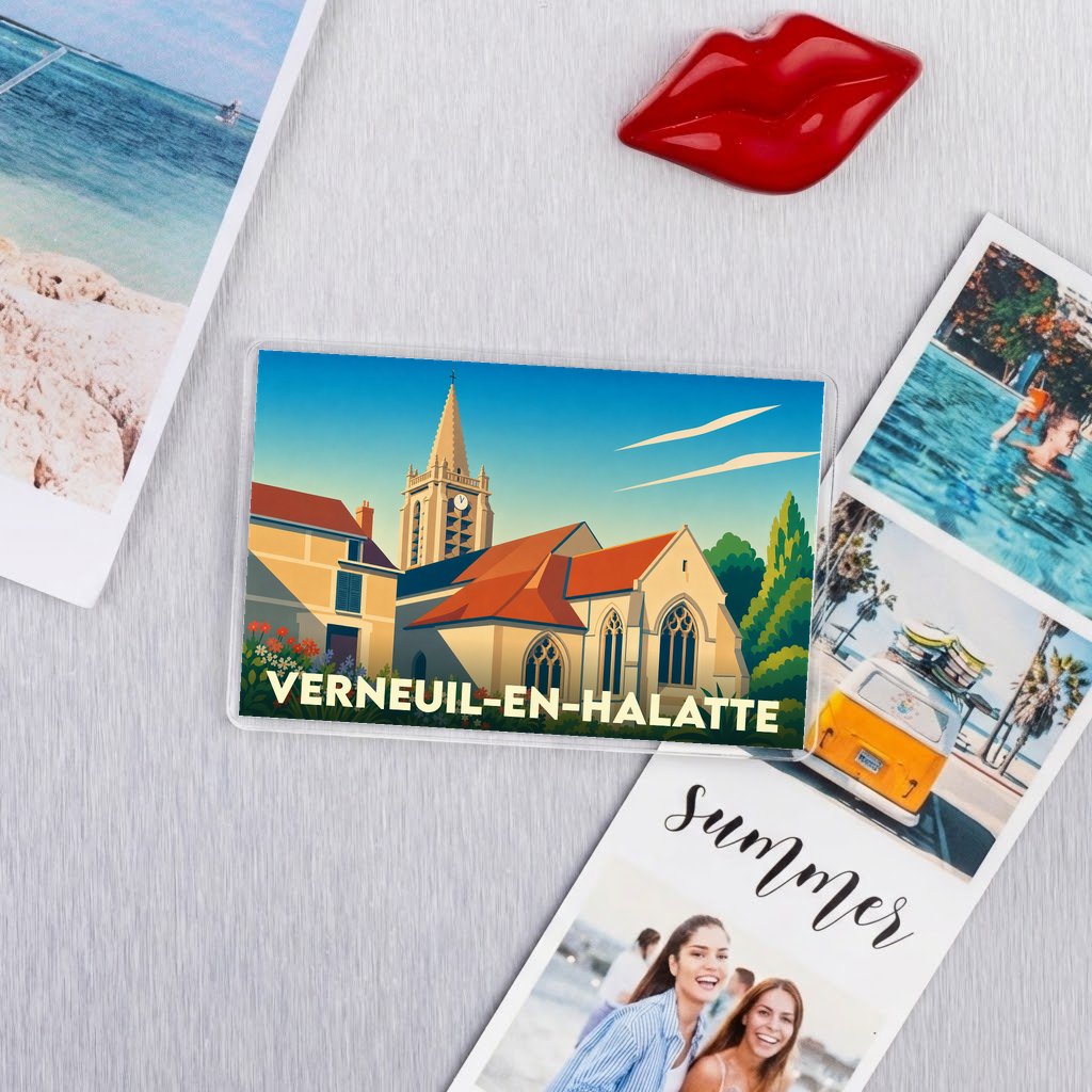 Magnet souvenir de la ville de Verneuil-en-Halatte avec une illustration stylisée de son église.