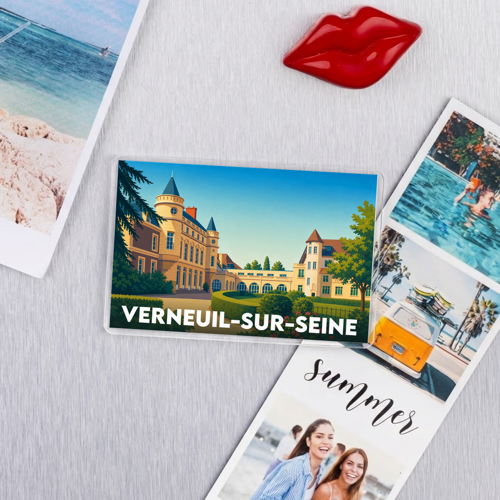 Magnet souvenir de la ville de Verneuil-sur-Seine avec une illustration stylisée.