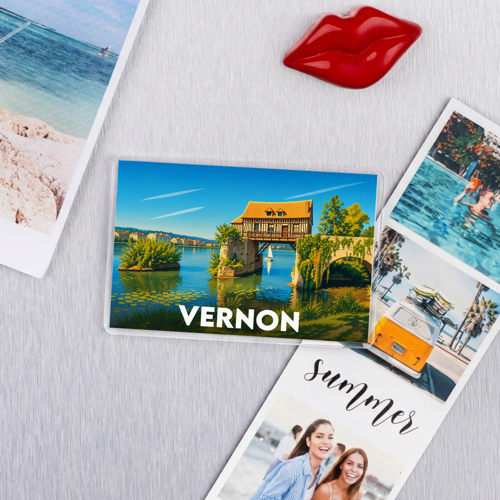 Magnet souvenir de la ville de Vernon avec une illustration stylisée de son vieux moulin.