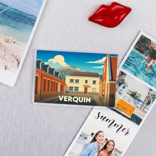 Magnet souvenir de la ville de Verquin avec une illustration urbaine stylisée.