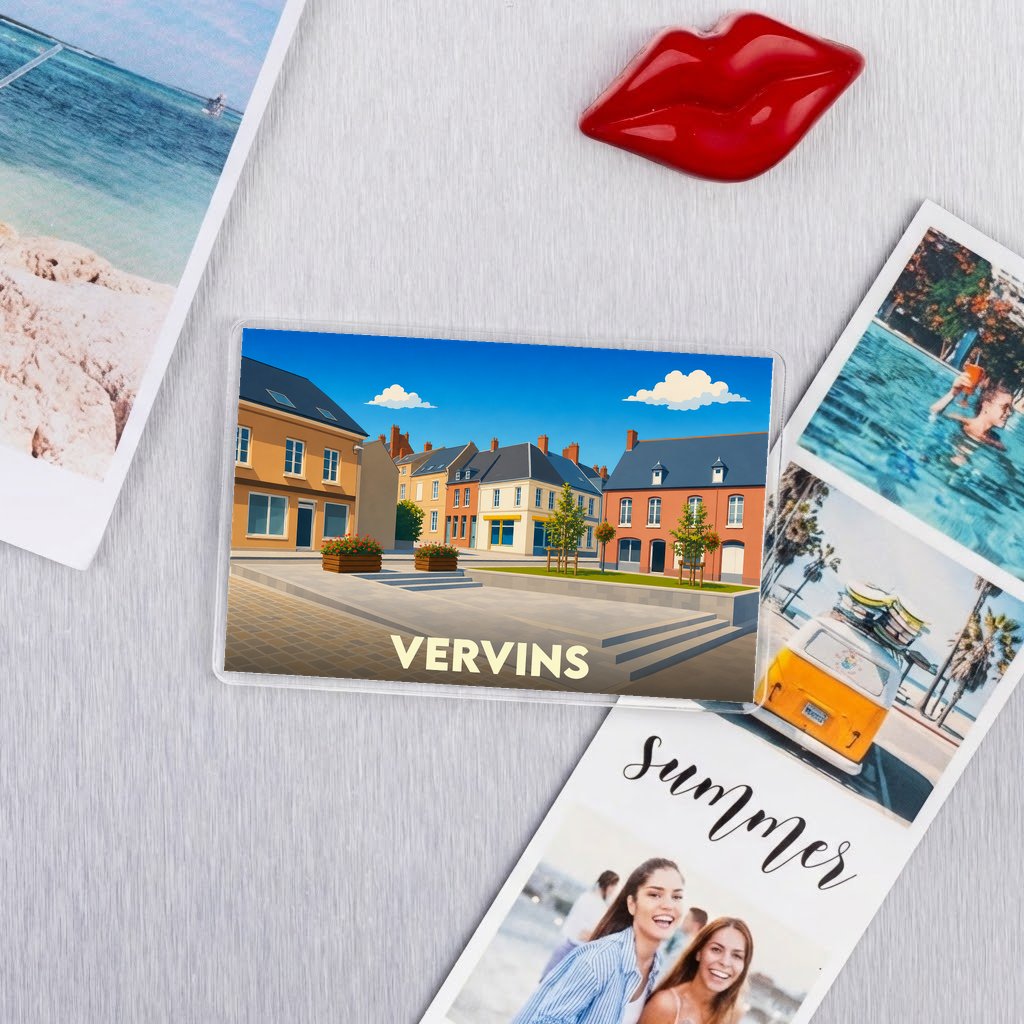 Magnet souvenir de la ville de Vervins avec une illustration stylisée de sa place centrale.