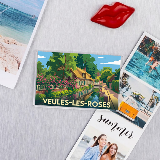 Magnet souvenir de la ville de Veules-les-Roses avec une illustration stylisée.