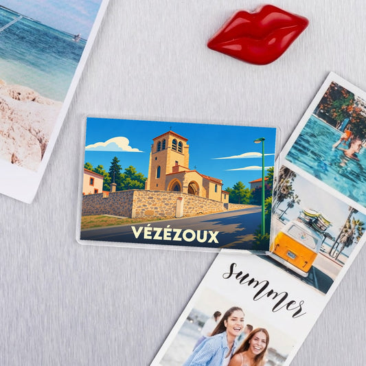 Magnet souvenir de la ville de Vézézoux avec une illustration stylisée.