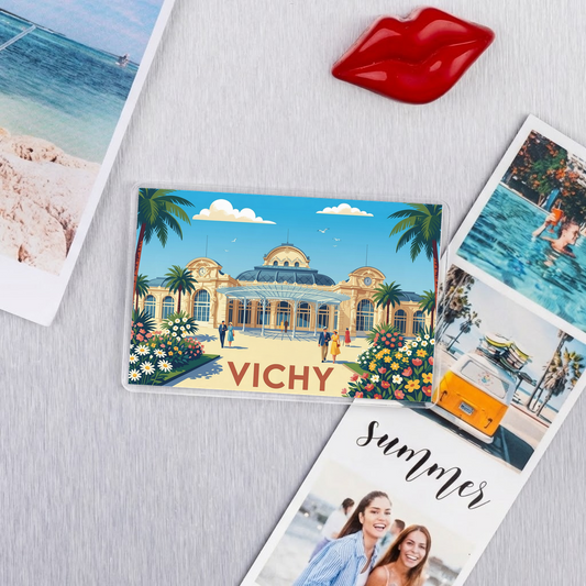Magnet souvenir de la ville de Vichy avec une illustration stylisée.