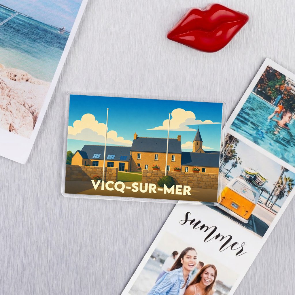 Magnet souvenir de la ville de Vicq-sur-Mer avec une illustration stylisée.