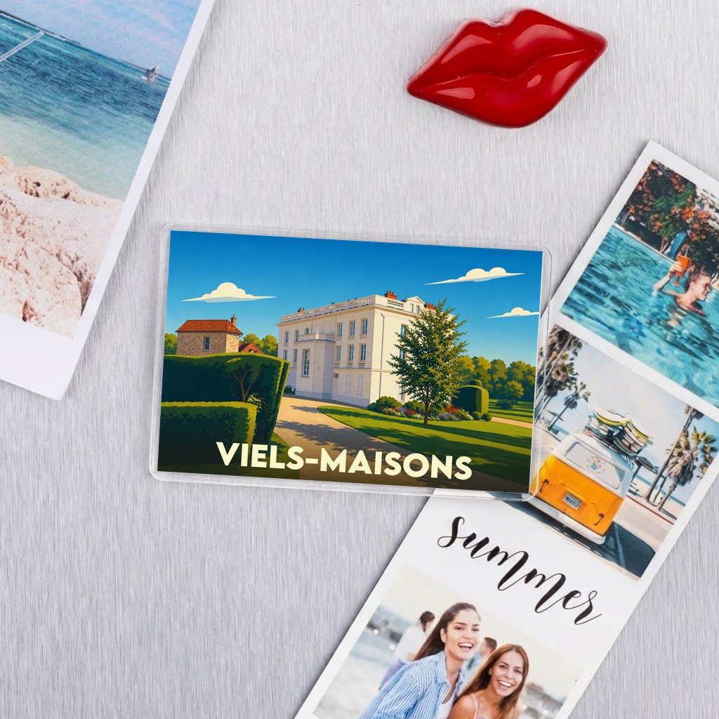 Magnet souvenir de la ville de Viels-Maisons avec une illustration stylisée.