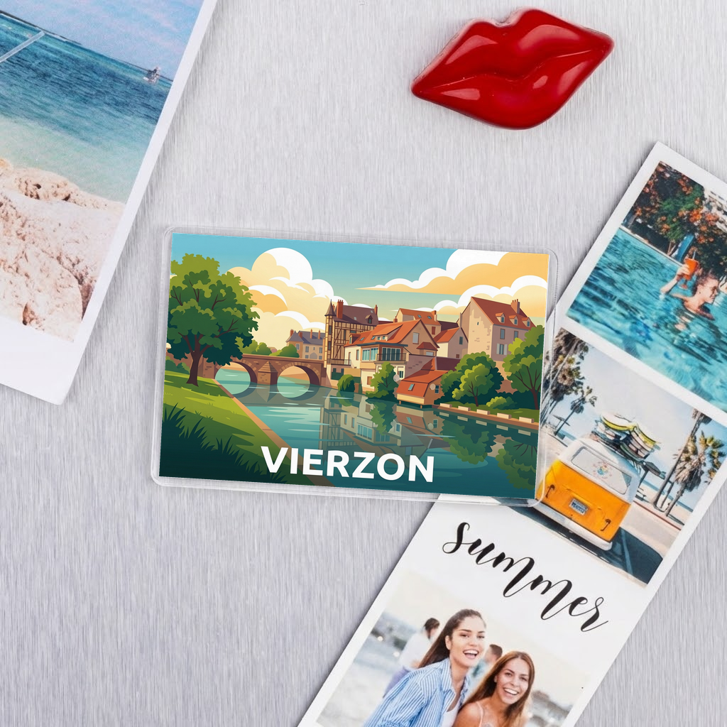 Magnet souvenir de la ville de Vierzon avec une illustration stylisée.
